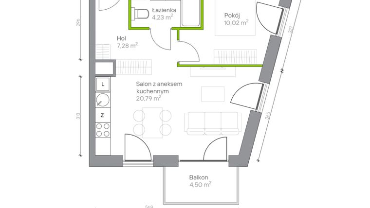 Rzut - Mieszkanie na sprzedaż 2 pokoje o powierzchni 42,32 m² - numer A.1.9 w Jesionowa Vita