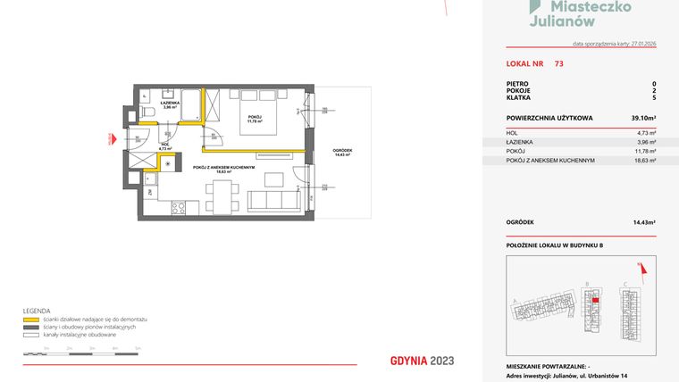 Rzut - Mieszkanie na sprzedaż 2 pokoje o powierzchni 38,99 m² - numer 73 w Miasteczko Julianów