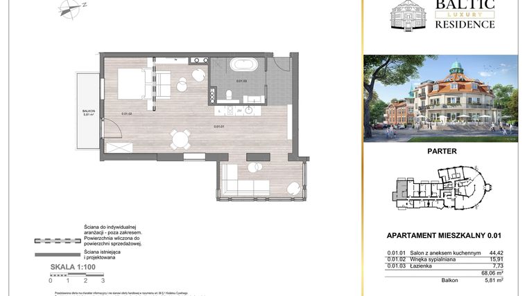 Rzut - Mieszkanie na sprzedaż 2 pokoje o powierzchni 68,06 m² - numer 0.01 w Baltic Luxury Residence
