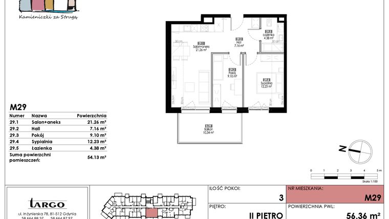 Rzut - Mieszkanie na sprzedaż 3 pokoje o powierzchni 54,13 m² - numer M29 w Kamieniczki za Strugą