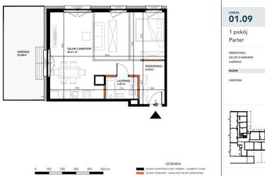 Rzut - Mieszkanie na sprzedaż 1 pokój o powierzchni 52,84 m² - numer 01.09 w Czysta 4