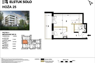 Rzut - Mieszkanie na sprzedaż 2 pokoje o powierzchni 33,82 m² - numer 22 w Hoża 25