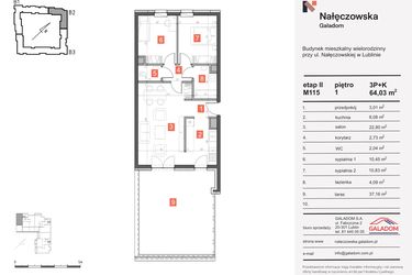Rzut - Mieszkanie na sprzedaż 3 pokoje o powierzchni 64,03 m² - numer M-115 w Nałęczowska etap II