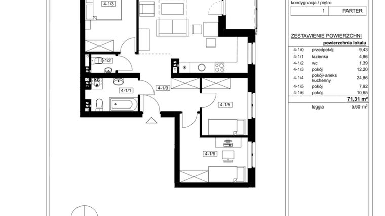Rzut - Mieszkanie na sprzedaż 4 pokoje o powierzchni 71,31 m² - numer A1.4 w Sosnowy Park etap I