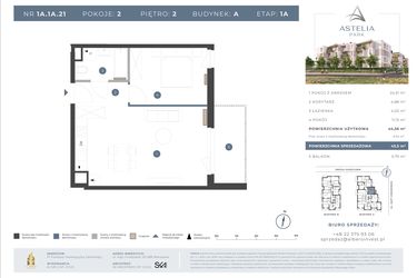Rzut - Mieszkanie na sprzedaż 2 pokoje o powierzchni 44,56 m² - numer 1A.1A.21 w Astelia Park etap 1A i 3