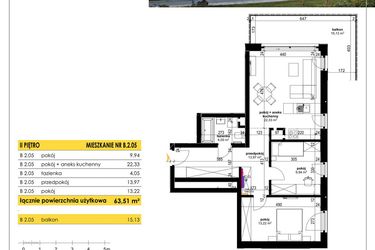 Rzut - Mieszkanie na sprzedaż 3 pokoje o powierzchni 63,6 m² - numer B 2.05 w Park Moniuszki II C