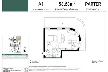 Rzut - Mieszkanie na sprzedaż 1 pokój o powierzchni 58,68 m² - numer A1 w Drago