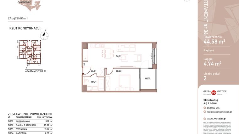 Rzut - Mieszkanie na sprzedaż 2 pokoje o powierzchni 44,58 m² - numer 36 w Kopalniana
