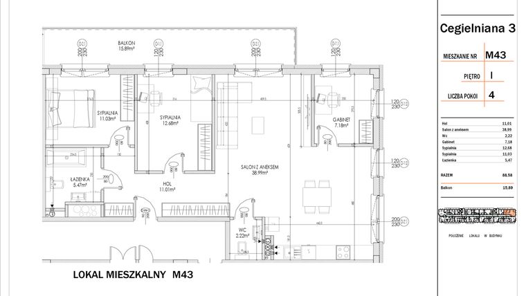 Rzut - Mieszkanie na sprzedaż 4 pokoje o powierzchni 88,58 m² - numer 43 w Osiedle StaLove etap I