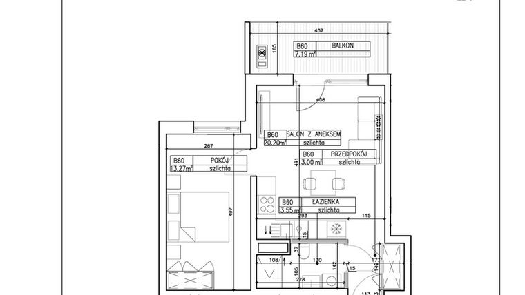 Rzut - Mieszkanie na sprzedaż 2 pokoje o powierzchni 40,02 m² - numer B60 w Symfonia - Chodkiewicza 9