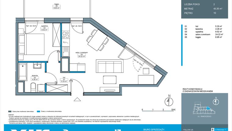 Rzut - Mieszkanie na sprzedaż 2 pokoje o powierzchni 43,35 m² - numer A.10.3 w Rakoczego 17