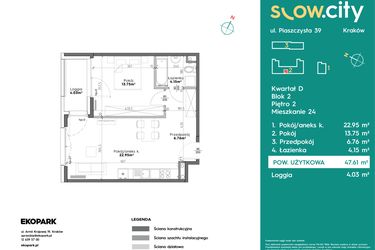 Rzut - Mieszkanie na sprzedaż 2 pokoje o powierzchni 47,61 m² - numer D2-24 w Slow City etap D