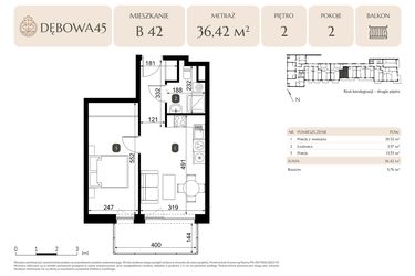 Rzut - Mieszkanie na sprzedaż 2 pokoje o powierzchni 36,42 m² - numer B.42 w Dębowa 45