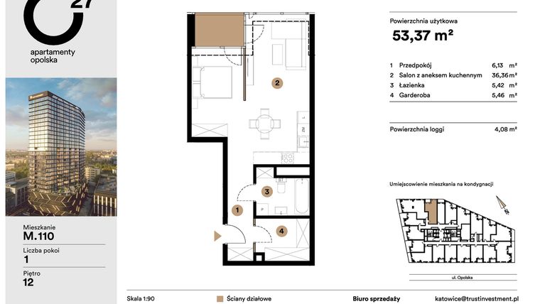 Rzut - Mieszkanie na sprzedaż 1 pokój o powierzchni 53,37 m² - numer M.110 w O27 Apartamenty Opolska