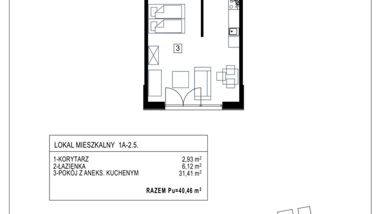 Rzut - Mieszkanie na sprzedaż 1 pokój o powierzchni 40,46 m² - numer 1A-2.5 w Gardenia Pogodno