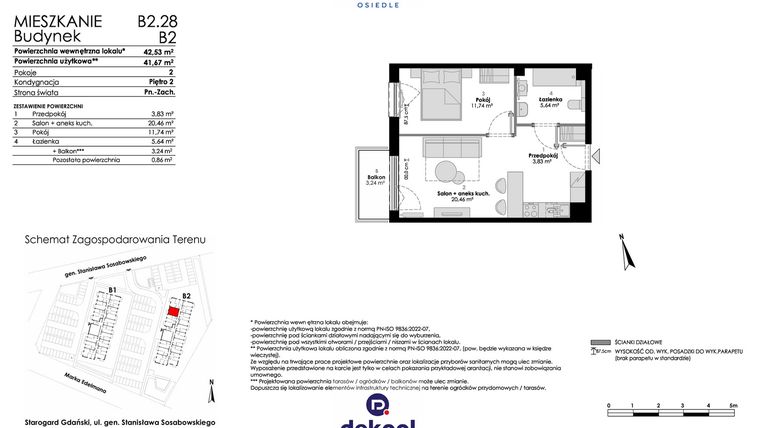 Rzut - Mieszkanie na sprzedaż 2 pokoje o powierzchni 41,67 m² - numer B2.28 w Osiedle Chabrowe