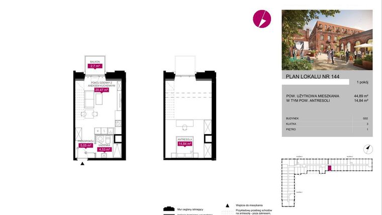Rzut - Mieszkanie na sprzedaż 1 pokój o powierzchni 44,89 m² - numer G2.144 w Fuzja Lofty