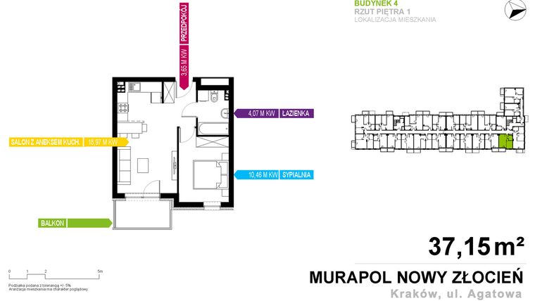 Rzut - Mieszkanie na sprzedaż 2 pokoje o powierzchni 37,15 m² - numer 4.A.1.04 w Murapol Nowy Złocień