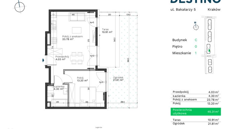 Rzut - Mieszkanie na sprzedaż 2 pokoje o powierzchni 45,31 m² - numer C-1 w Destino