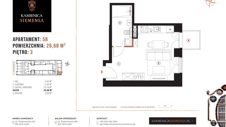Rzut - Mieszkanie na sprzedaż 1 pokój o powierzchni 26,68 m² - numer 58 w Kamienica Siemensa