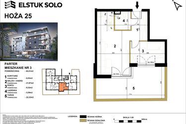 Rzut - Mieszkanie na sprzedaż 2 pokoje o powierzchni 40,61 m² - numer 3 w Hoża 25