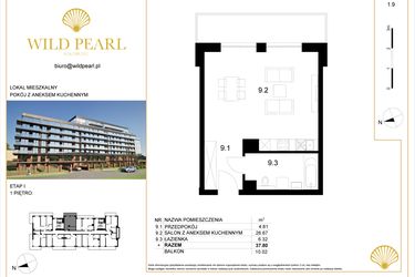 Rzut - Mieszkanie na sprzedaż 1 pokój o powierzchni 37,8 m² - numer 1.9 w Wild Pearl
