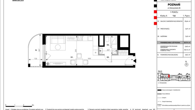 Rzut - Mieszkanie na sprzedaż 1 pokój o powierzchni 29,74 m² - numer B.A.1.6 w Zajezdnia