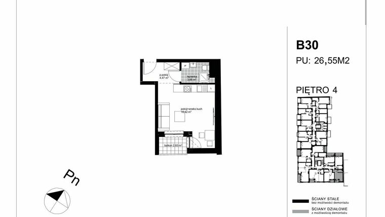Rzut - Mieszkanie na sprzedaż 1 pokój o powierzchni 26,55 m² - numer B30 w Apartamenty Kopernika - etap II
