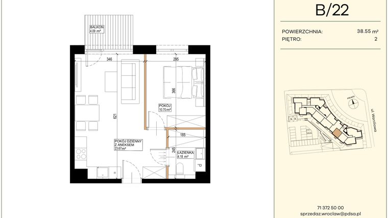 Rzut - Mieszkanie na sprzedaż 2 pokoje o powierzchni 38,55 m² - numer WA2/B/22 w Waniliowa