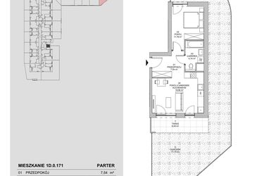 Rzut - Mieszkanie na sprzedaż 2 pokoje o powierzchni 43,02 m² - numer 1D.0.171 w Francuska Park VIIIB