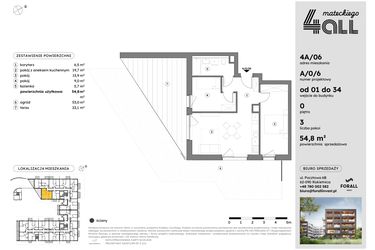 Rzut - Mieszkanie na sprzedaż 3 pokoje o powierzchni 54,77 m² - numer A/0/6 w Osiedle Mateckiego 4ALL
