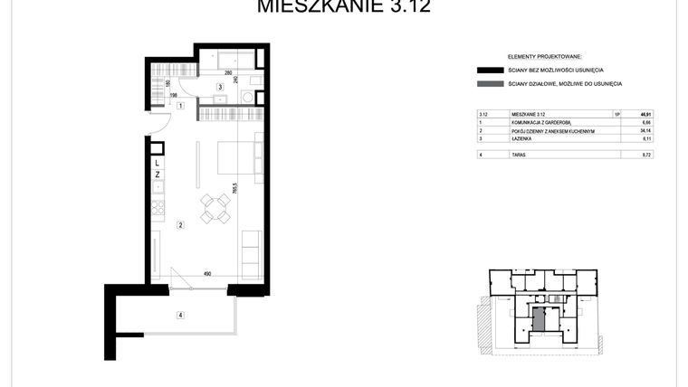 Rzut - Mieszkanie na sprzedaż 1 pokój o powierzchni 46,91 m² - numer M3.12 w Verde Casa