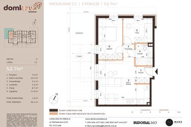 Rzut - Mieszkanie na sprzedaż 3 pokoje o powierzchni 52,7 m² - numer C1 w Domkove Widzew