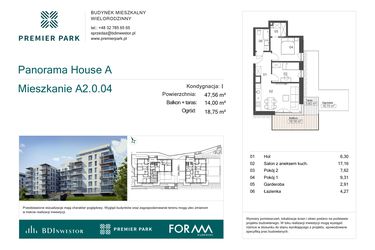 Rzut - Mieszkanie na sprzedaż 3 pokoje o powierzchni 47,56 m² - numer A2.0.04 w Premier Park II
