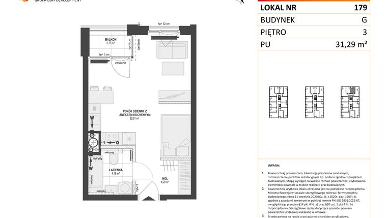 Rzut - Mieszkanie na sprzedaż 1 pokój o powierzchni 31,29 m² - numer G.179 w DOKI etap II (bud. G)