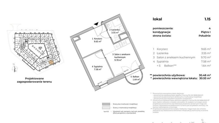 Rzut - Mieszkanie na sprzedaż 1 pokój o powierzchni 30,64 m² - numer 1.15 w OVAL SKY