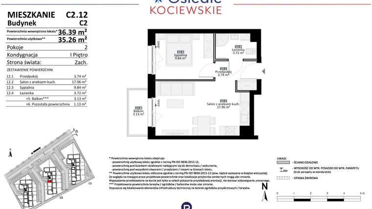 Rzut - Mieszkanie na sprzedaż 2 pokoje o powierzchni 35,26 m² - numer C2.12 w Osiedle Kociewskie etap III