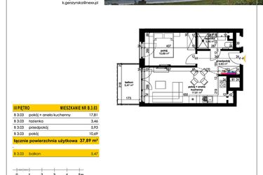 Rzut - Mieszkanie na sprzedaż 2 pokoje o powierzchni 37,89 m² - numer B 3.03 w Park Moniuszki II C
