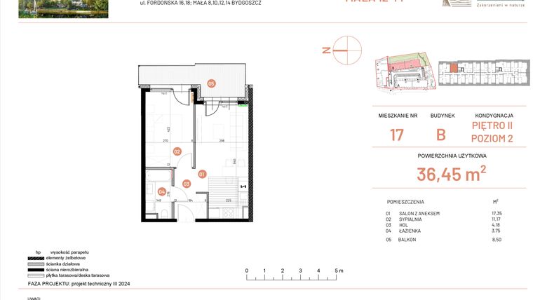 Rzut - Mieszkanie na sprzedaż 2 pokoje o powierzchni 36,45 m² - numer 12.17 w Osiedle Nowe Horyzonty etap III