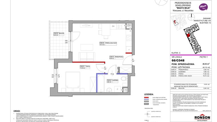 Rzut - Mieszkanie na sprzedaż 2 pokoje o powierzchni 40,53 m² - numer 15_C048 w Miasto Moje 8