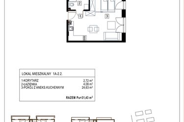 Rzut - Mieszkanie na sprzedaż 1 pokój o powierzchni 31,43 m² - numer 1A-2.2 w Gardenia Pogodno