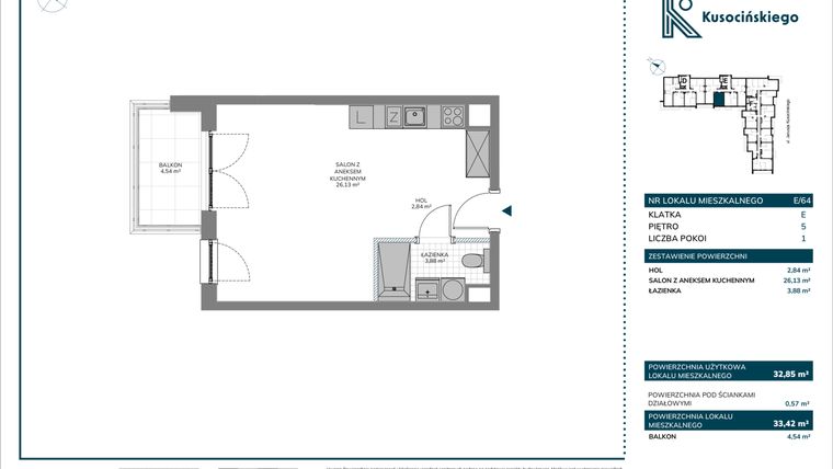 Rzut - Mieszkanie na sprzedaż 1 pokój o powierzchni 33,42 m² - numer E/64 w Kusocińskiego - Budynek B