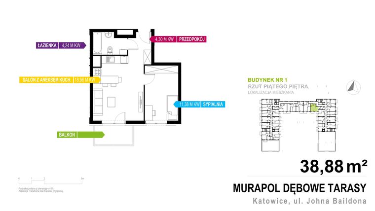 Rzut - Mieszkanie na sprzedaż 2 pokoje o powierzchni 38,88 m² - numer 1.C.5.9 w Murapol Dębowe Tarasy