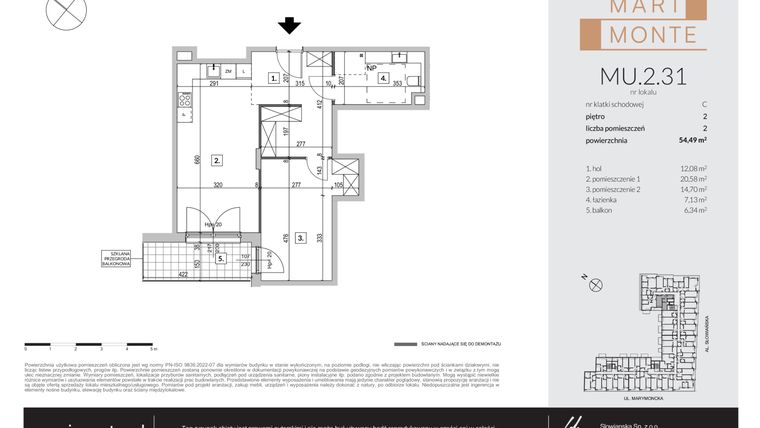 Rzut - Mieszkanie na sprzedaż 2 pokoje o powierzchni 54,49 m² - numer MU.2.31 w Marimonte - apartamenty inwestycyjne