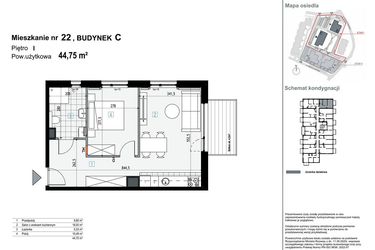 Rzut - Mieszkanie na sprzedaż 2 pokoje o powierzchni 44,75 m² - numer C22 w Apartamenty Kopernika