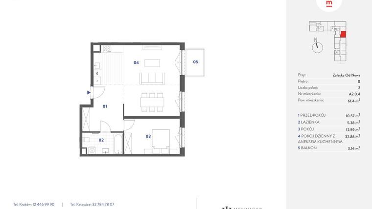 Rzut - Mieszkanie na sprzedaż 2 pokoje o powierzchni 61,4 m² - numer A2.0.4 w Mieszkaj w Mieście - Załęska od Nowa