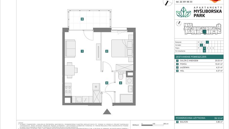 Rzut - Mieszkanie na sprzedaż 2 pokoje o powierzchni 39,12 m² - numer J36 w Apartamenty Myśliborska Park