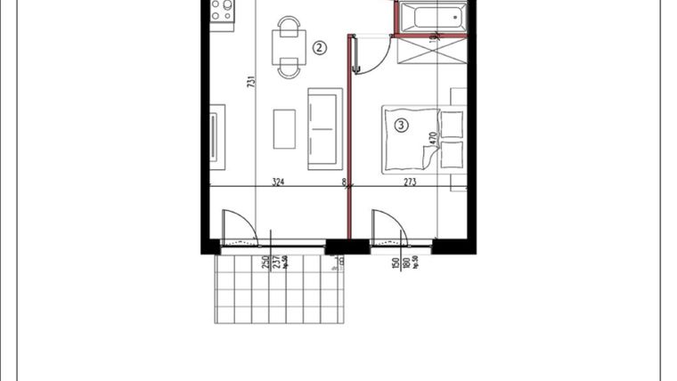 Rzut - Mieszkanie na sprzedaż 2 pokoje o powierzchni 42,2 m² - numer 15 w Andersa 3