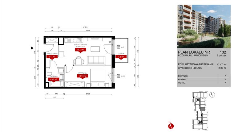 Rzut - Mieszkanie na sprzedaż 2 pokoje o powierzchni 42,47 m² - numer K.132 w Wieża Jeżyce etap V