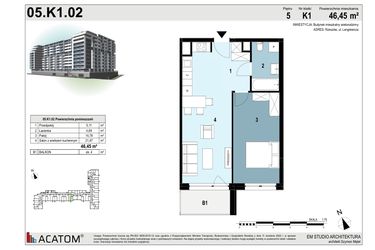 Rzut - Mieszkanie na sprzedaż 2 pokoje o powierzchni 46,45 m² - numer 05.K1.02 w Langiewicza 37